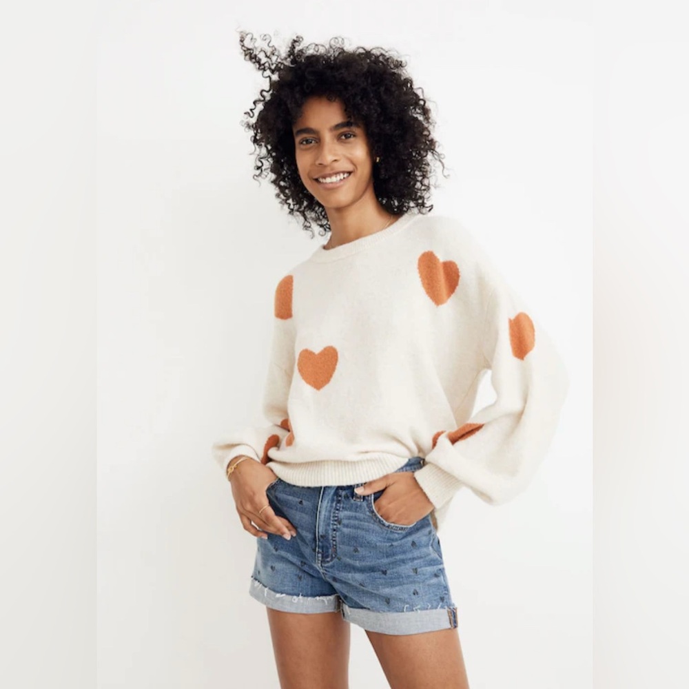 Madewell Cream and Rust Orange Wool Alpaca Blend Fall Winter Cozy Heart Sweater